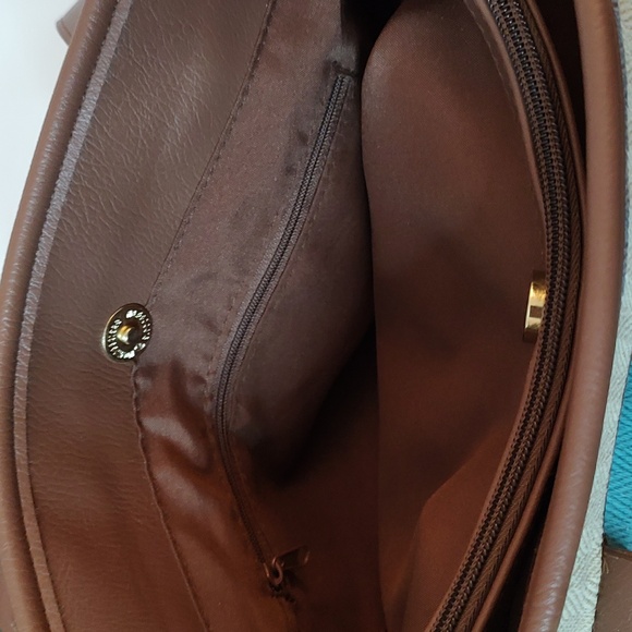 New Multi Turquoise & Blue Striped Shoulder Bag w/ Faux Leather Straps & Bottom - Picture 7 of 7